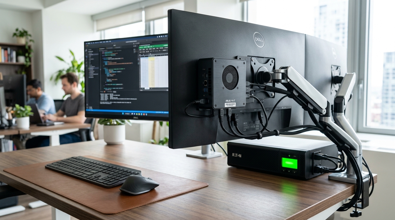 Instalación profesional de Mini PC montada en monitor con batería UPS