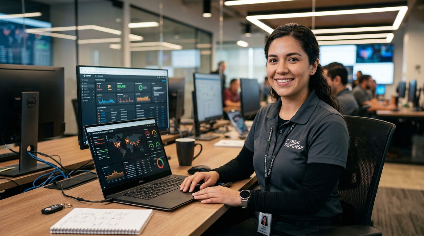 Especialista técnico de ciberseguridad monitoreando alertas y firewalls