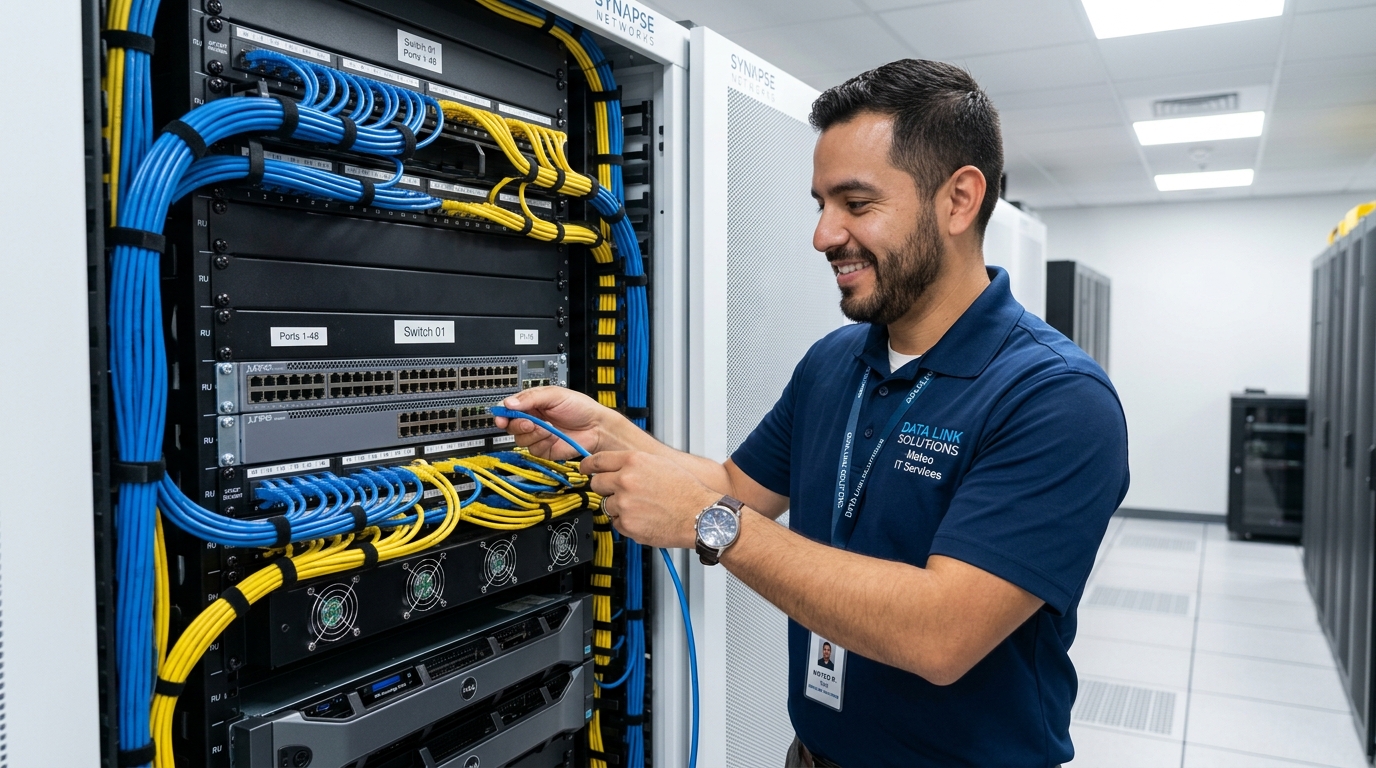 Técnico de IT configurando cableado estructurado Cat6 en switch de rack
